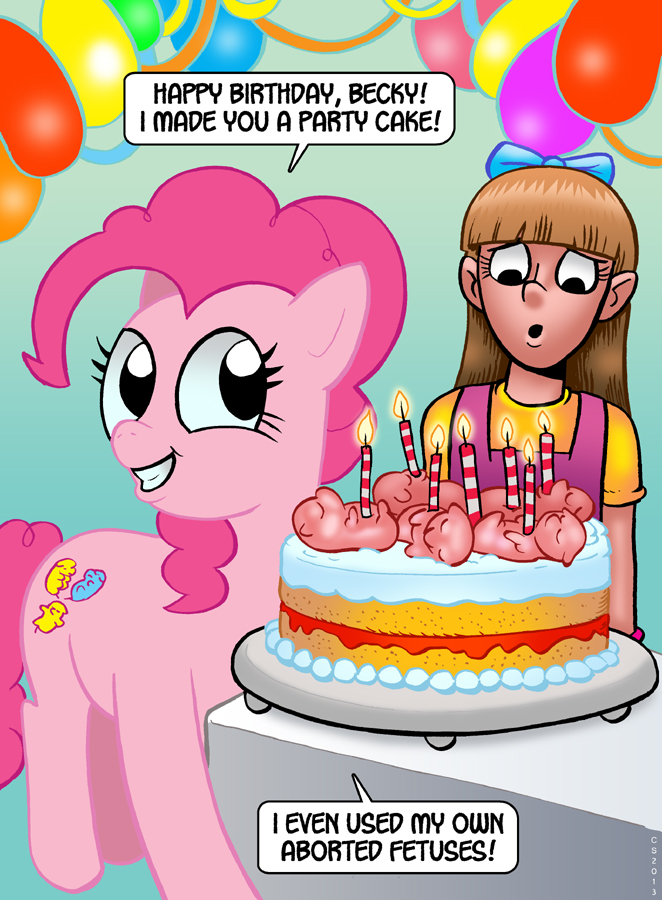 2013 all_fours balloon black_eyes bow_tie bracelet brown_hair cake candle clothed clothing curtsibling cutie_mark digital_media_(artwork) duo earth_pony english_text equine eyebrows eyelashes eyes_closed female fetus fire food friendship_is_magic fur grin hair horse human jewelry long_hair looking_away looking_down mammal my_little_pony open_mouth parody party pink_fur pink_hair pinkie_pie_(mlp) pony shirt simple_background smile speech_bubble table text watermark white_sclera