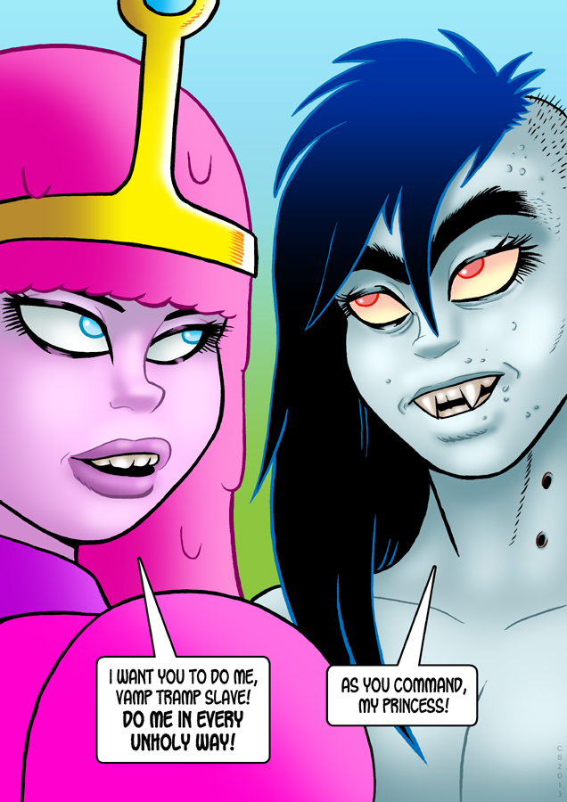 ! 2013 abstract_background adventure_time black_hair blue_eyes breasts censored cleavage clothed clothing crown curtsibling digital_media_(artwork) duo english_text eyebrows eyelashes fangs female grey_skin hair humanoid long_hair looking_away looking_up marceline open_mouth parody princess_bubblegum purple_hair purple_skin red_eyes simple_background speech_bubble teeth text vampire watermark white_sclera yellow_sclera