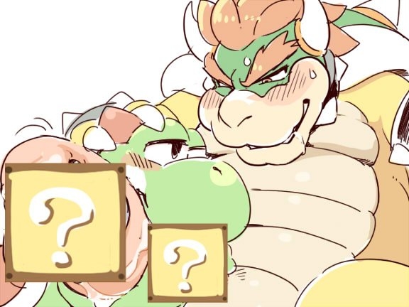 1boshi ambiguous_gender blush bowser censored chubby creative_censorship cuffs_(disambiguation) cum drooling duo fellatio hair hand_on_head horn koopa leash male mario_bros nintendo oral red_hair red_iris saliva scalie sex shell simple_background size_difference sweat video_games white_background yellow_eyes yoshi
