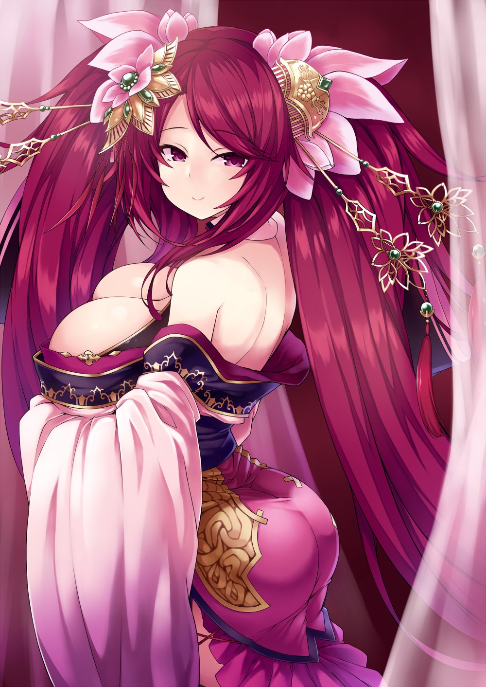 1girl ass bare_back breast_rest breasts cleavage commentary_request curtains flower flower_knight_girl gene_(gear_gene) hair_flower hair_ornament highres huge_breasts light_blush long_hair looking_at_viewer looking_back purple_eyes red_hair shuumeigiku_(flower_knight_girl) sidelocks smile solo twintails very_long_hair
