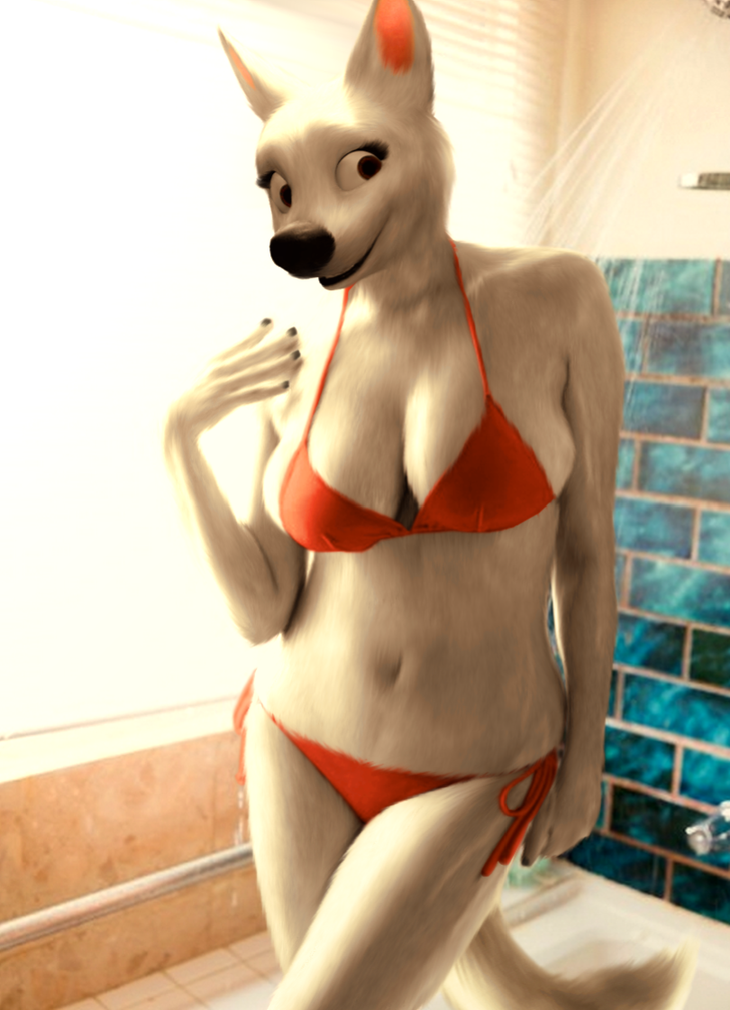 anthro anthrofied big_breasts bikini bolt bolt_(film) breasts brown_eyes canine cleavage clothed clothing crossgender disney dog edit female fur looking_at_viewer mammal oystercatcher7 photo_manipulation photomorph shower smile solo swimsuit wet white_fur