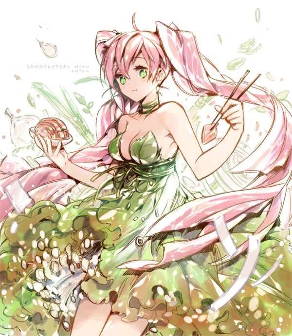 :t ahoge artist_name bare_arms breasts character_name choker chopsticks cleavage commentary dress eating empew food garlic green_dress green_eyes hatsune_miku holding kimchi leaf lettuce long_hair meat medium_breasts onion pink_hair plate pork solo strapless strapless_dress twintails very_long_hair vocaloid