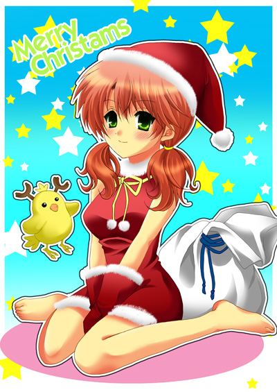 bag barefoot chocobo christmas feet female final_fantasy final_fantasy_xiii full_body gloves gradient gradient_background green_eyes hat inviolable_boy long_hair oerba_dia_vanille pigtails red_hair redhead santa_costume santa_hat short_twintails sitting solo twintails