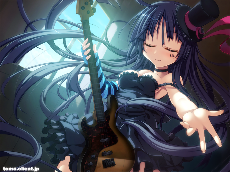 akiyama_mio bad_id bad_pixiv_id bangs bass_guitar black_hair blunt_bangs closed_eyes colorized don't_say_"lazy" dress facepaint fingerless_gloves gloves hat instrument k-on! kitahara_tomoe_(kitahara_koubou) long_hair maid_koubou mini_hat mini_top_hat outstretched_arm outstretched_hand reaching single_glove solo strap_slip striped top_hat very_long_hair window
