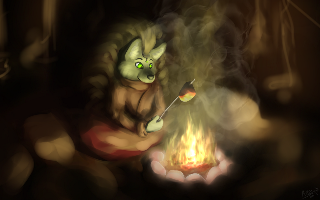acru_jovian brown_fur campfire canine clothing cooking cookout digital_media_(artwork) fire food fur green_eyes headdress high_contrast male mammal meat night robe simple_background smoke solo wolf
