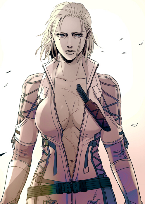 50yen belt bodysuit breasts breasts_apart center_opening cleavage collarbone cowboy_shot cross-laced_clothes expressionless high_collar knife large_breasts leaf lips looking_at_viewer loose_belt metal_gear_(series) metal_gear_solid mole mole_under_eye monochrome navel no_bra open_clothes scar sheath sheathed short_hair solo the_boss unzipped weapon wind