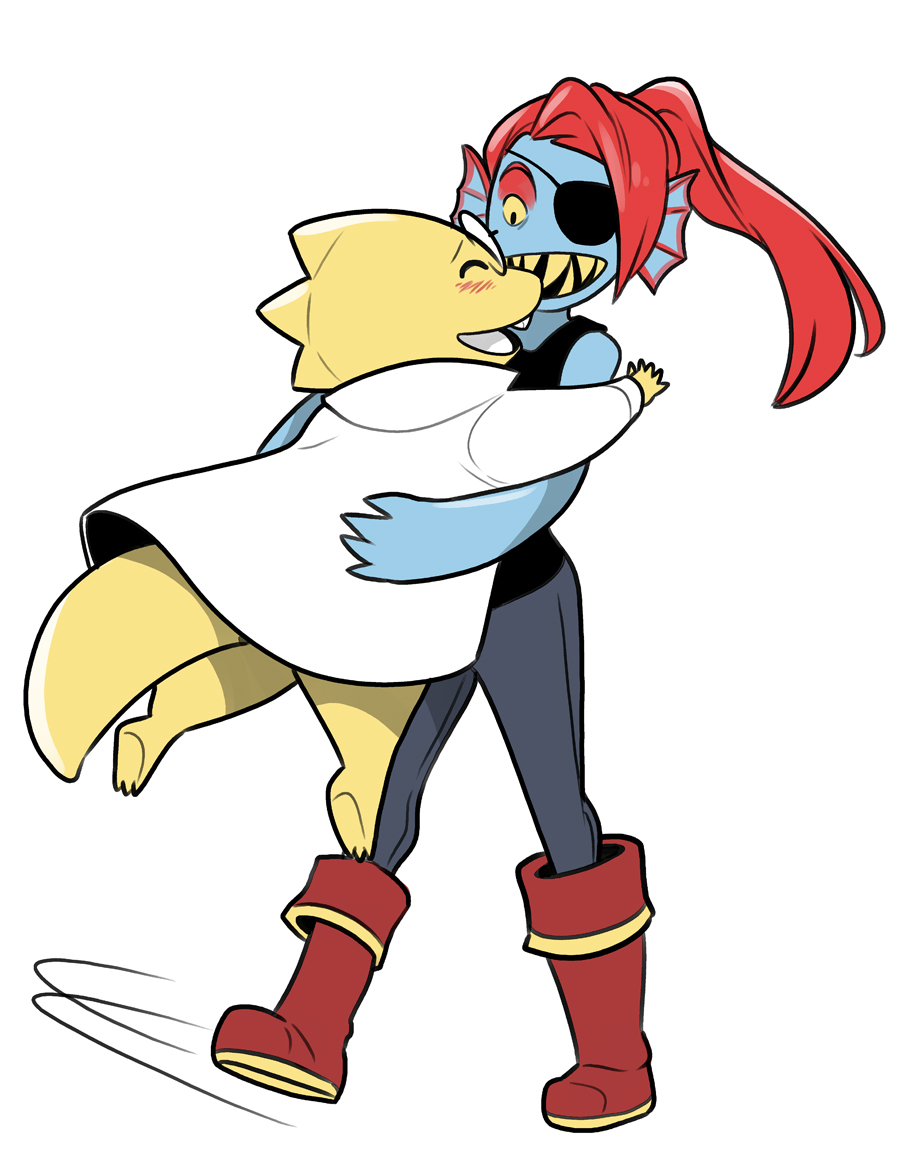 2015 affection blush clothing duo female fish hair happy jumping marine monster open_mouth simple_background tagme undertale undyne video_games white_background