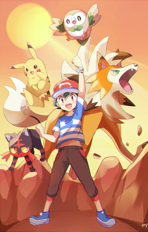 1boy :3 arm_up artist_name bangs baseball_cap black_eyes black_hair black_pants blue_footwear blue_shirt blush_stickers bracelet brown_eyes clenched_hands closed_mouth creatures_(company) day fangs full_body game_freak gen_1_pokemon gen_7_pokemon glint green_eyes hair_between_eyes hand_up happy hat jewelry legs_apart litten looking_at_viewer lycanroc male_focus mei_(maysroom) midriff_peek navel nintendo open_mouth orange_sky outdoors pants pikachu pokemon pokemon_(anime) pokemon_(creature) pokemon_sm_(anime) red_hat rowlet satoshi_(pokemon) shirt shoes short_hair short_sleeves signature sky smile standing striped striped_shirt sun teeth tongue yelow_sclera z-ring
