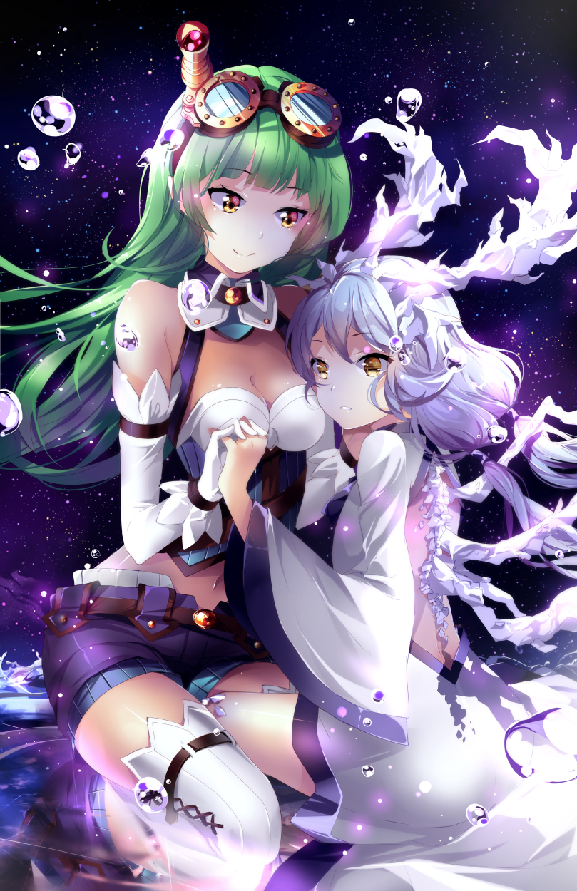 bangs bare_back bare_shoulders belt blunt_bangs breasts brown_eyes bubble choker cleavage crystal elbow_gloves fractal gloves goggles goggles_on_head green_hair highres horns ice interlocked_fingers long_hair long_sleeves low_twintails medium_breasts multiple_girls navel original parted_lips shorts silver_hair sitting sky smile squchan star_(sky) starry_sky stomach striped thighhighs twintails vertical_stripes very_long_hair white_gloves white_legwear wide_sleeves