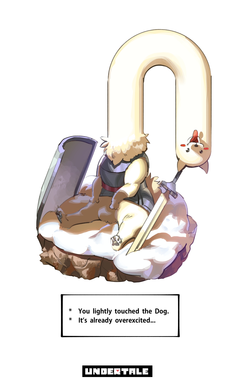 bad_id bad_pixiv_id blush_stickers copyright_name dialogue_box dog english faux_figurine highres koyoi_mitsuki lesser_dog long_neck neck_growth no_humans shield sitting snow sword tongue tongue_out undertale weapon