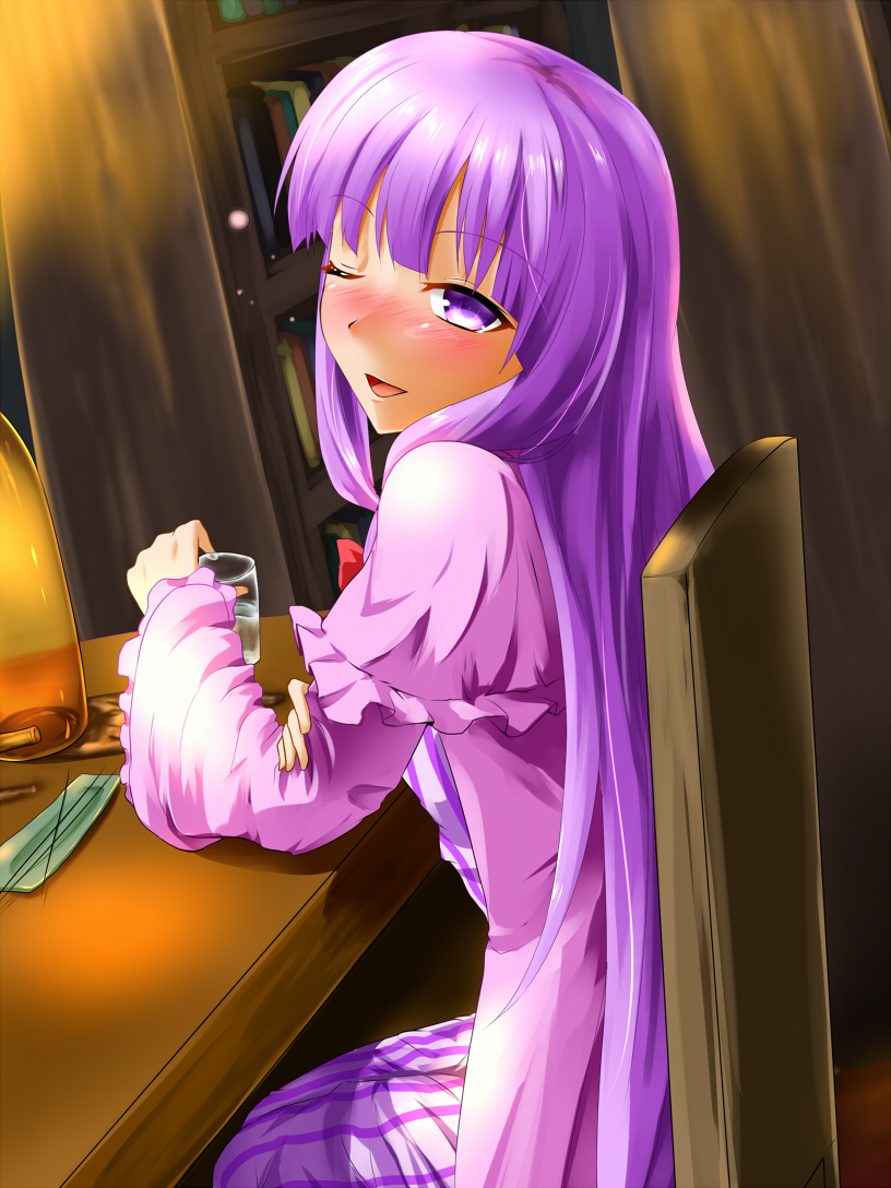 ;d alcohol bangs blunt_bangs blush book bookshelf bottle chair dress drink drunk frills glass hand_on_own_arm head_tilt indoors jacket long_hair looking_at_viewer nose_blush one_eye_closed open_clothes open_jacket open_mouth patchouli_knowledge purple_dress purple_eyes purple_hair rody_(hayama_yuu) smile solo striped table tipsy touhou vertical-striped_dress vertical_stripes very_long_hair
