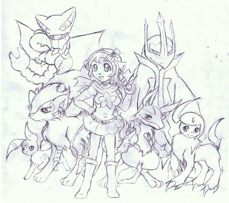 2010 absol ambiguous_gender anthro armwear belt boots canine claws clothed clothing dress eeveelution empoleon feline female footwear fur gliscor group hand_on_hip horn lion looking_at_viewer lucario luxray mammal monochrome nintendo open_mouth pok&eacute;ball pok&eacute;mon ribbons sharp_teeth simple_background sketch skirt smile spikes teeth tigerlilylucky toe_claws traditional_media_(artwork) umbreon video_games white_background