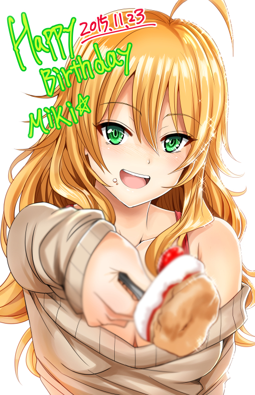 :d ahoge bad_id bad_pixiv_id bare_shoulders blonde_hair blurry blush bra breasts cake cleavage collarbone dated food food_on_face foreshortening fork fruit green_eyes hair_between_eyes happy_birthday holding hoshii_miki idolmaster idolmaster_(classic) inu_(marukome) long_hair looking_at_viewer medium_breasts off-shoulder_sweater off_shoulder open_mouth red_bra smile solo sparkle strawberry sweater underwear upper_body