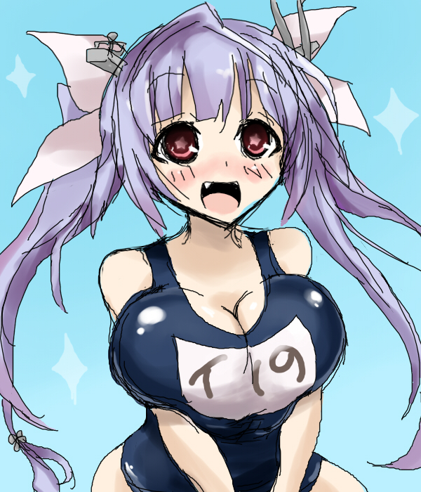 blue_hair blush breasts hair_ornament hair_ribbon huge_breasts i-19_(kantai_collection) kantai_collection long_hair name_tag one-piece_swimsuit open_mouth oro_(zetsubou_girl) red_eyes ribbon school_swimsuit smile solo star star-shaped_pupils swimsuit symbol-shaped_pupils twintails