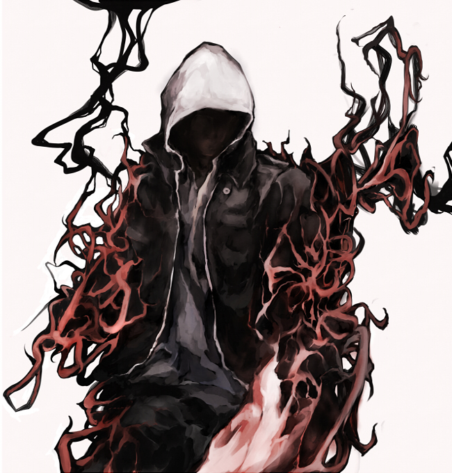 alex_mercer commentary hiens hood hoodie jacket male_focus prototype_(game) shaded_face solo tendrils