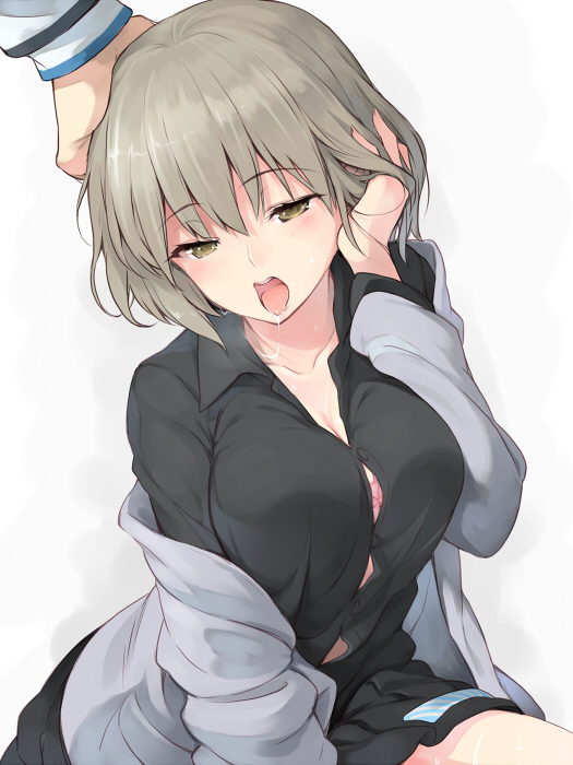 bad_id bad_pixiv_id bangs black_shirt black_skirt blazer bra breasts collarbone devil_survivor_2 eyebrows eyebrows_visible_through_hair grey_hair hair_tucking hakuleg hand_in_hair hand_on_another's_head hand_on_own_head jacket large_breasts long_sleeves megami_ibunroku_devil_survivor nitta_io off_shoulder open_mouth out_of_frame ribbon saliva school_uniform shirt short_hair simple_background sitting skirt solo_focus striped striped_ribbon suggestive_fluid teeth tongue tongue_out underwear white_background yellow_eyes