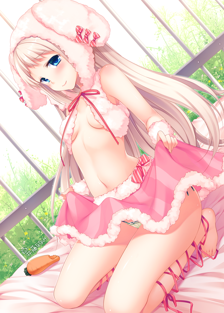 animal_ears animal_hat bangs barefoot bed blue_eyes blush bow breasts bunny_ears bunny_hat carrot closed_mouth eyebrows eyebrows_visible_through_hair food grass hat itou_nanami leg_ribbon lifted_by_self long_hair looking_at_viewer midriff navel neck_ribbon no_bra original panties pink_skirt railing ribbon side-tie_panties skirt skirt_lift sleeveless small_breasts smile solo squatting string_panties striped striped_bow striped_skirt text_focus underboob underwear very_long_hair white_hair wrist_cuffs