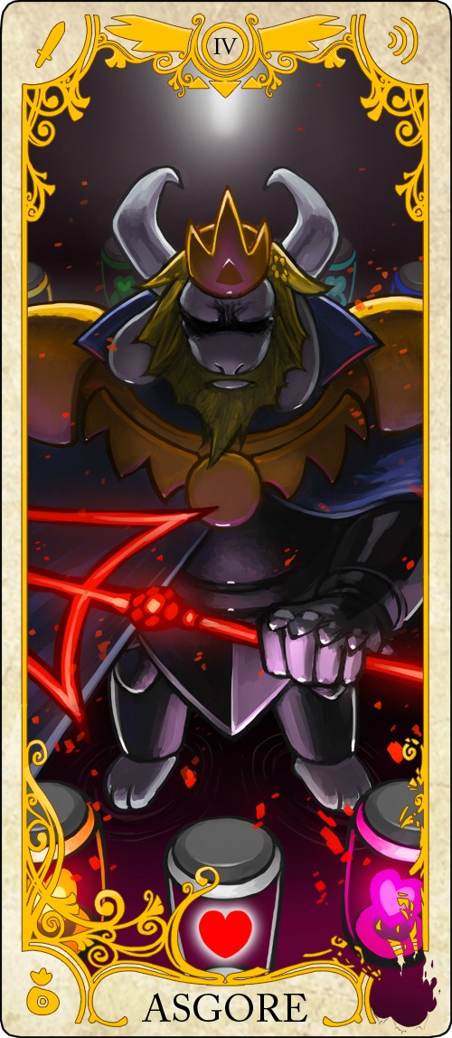 &lt;3 armor asgore_dreemurr beard boss_monster card crown dogbomber facial_hair male mammal melee_weapon polearm solo spear tarot_card undertale video_games weapon