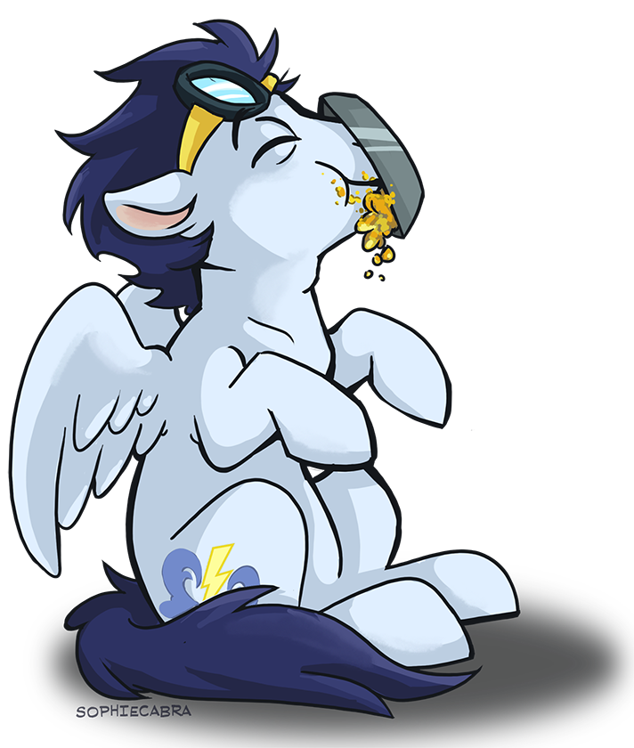 2015 alpha_channel blue_hair chubby eating equine eyes_closed eyewear food friendship_is_magic goggles hair male mammal my_little_pony pegasus pie simple_background sitting soarin_(mlp) sophiecabra transparent_background wings wonderbolts_(mlp)
