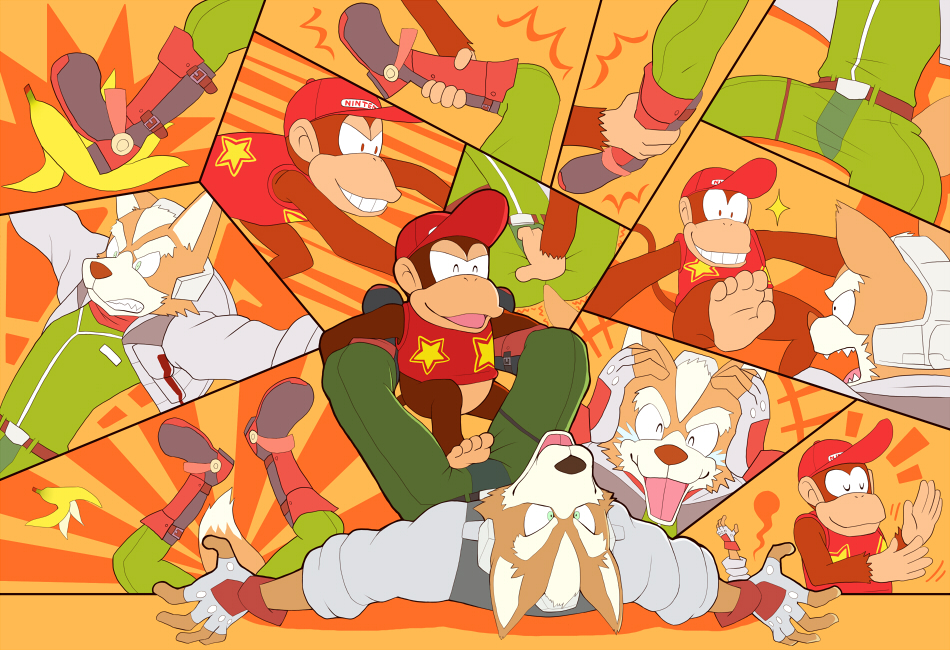 3rd-crew anthro banana barefoot belt black_nose boots canine clothing crossover diddy_kong donkey_kong_(series) duo fingerless_gloves food foot_fetish footjob footwear forced fox fox_mccloud fruit gloves hat jacket male male/male mammal monkey nintendo primate spreading star_fox super_smash_bros toes video_games