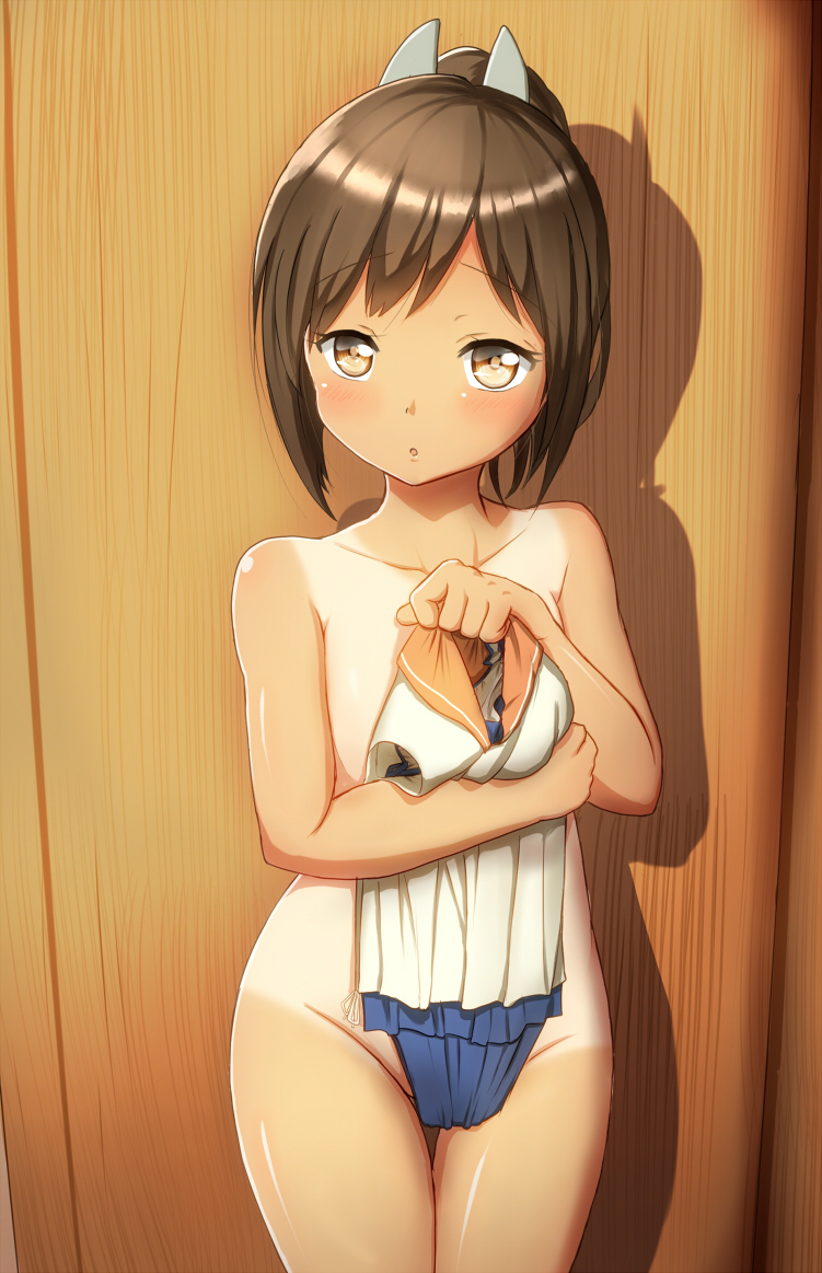 against_wall bangs black_hair blue_swimsuit blush breast_hold breasts brown_eyes clothes_in_front collarbone covering cowboy_shot embarrassed eyebrows eyebrows_visible_through_hair groin hair_ornament high_ponytail i-401_(kantai_collection) indoors kantai_collection looking_at_viewer maku_ro nude_cover one-piece_tan open_mouth parted_bangs ponytail school_swimsuit school_uniform serafuku shadow shirt shirt_removed short_hair short_ponytail sleeveless sleeveless_shirt small_breasts solo standing swimsuit swimsuit_removed tan tanline thigh_gap wood