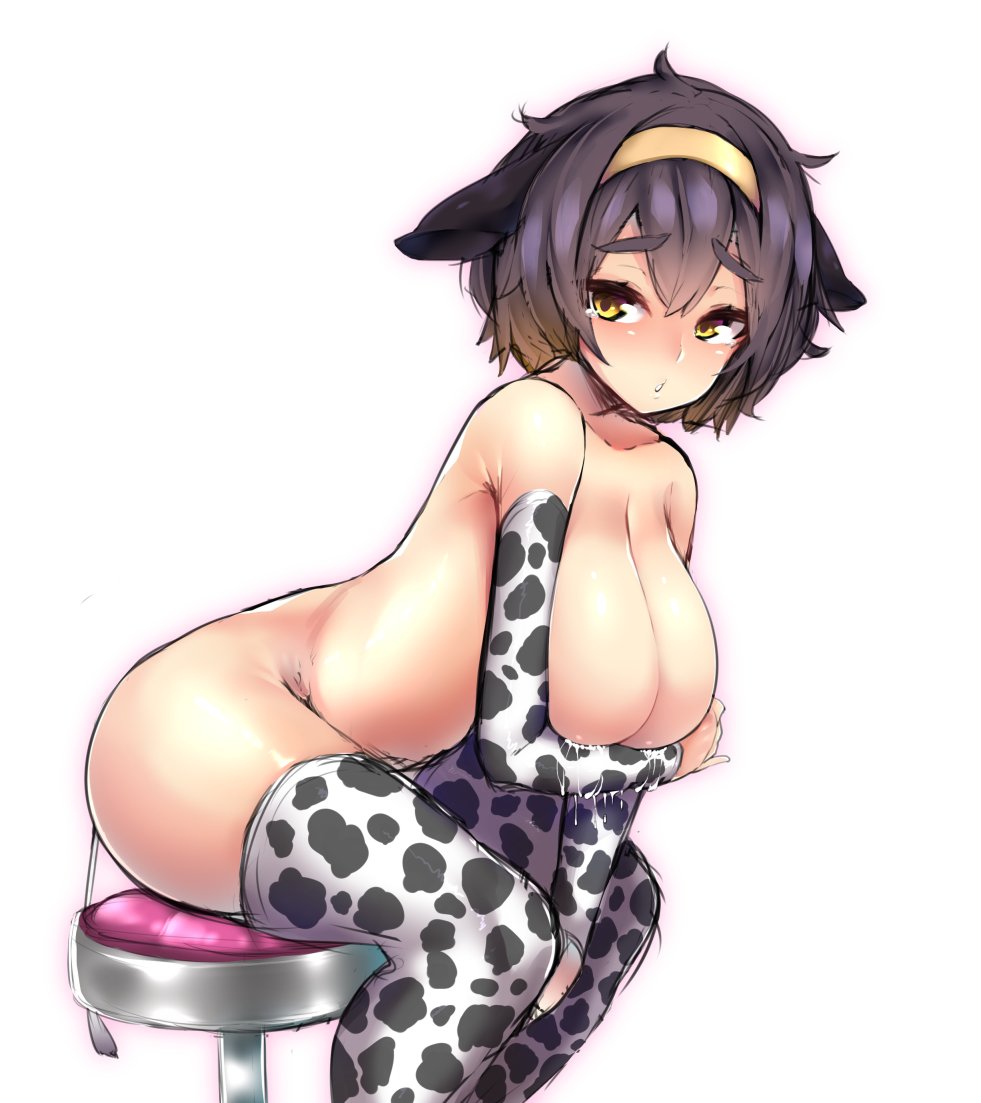 animal_ears animal_print arm_warmers breast_hold breasts brown_hair commentary_request cow_ears cow_print cow_tail eyebrows_visible_through_hair footstool hairband huge_breasts lactation leaning_forward looking_at_viewer messy_hair nude original short_hair sitting sketch solo tail tears thick_eyebrows thighhighs watari1118 yellow_eyes yellow_hairband
