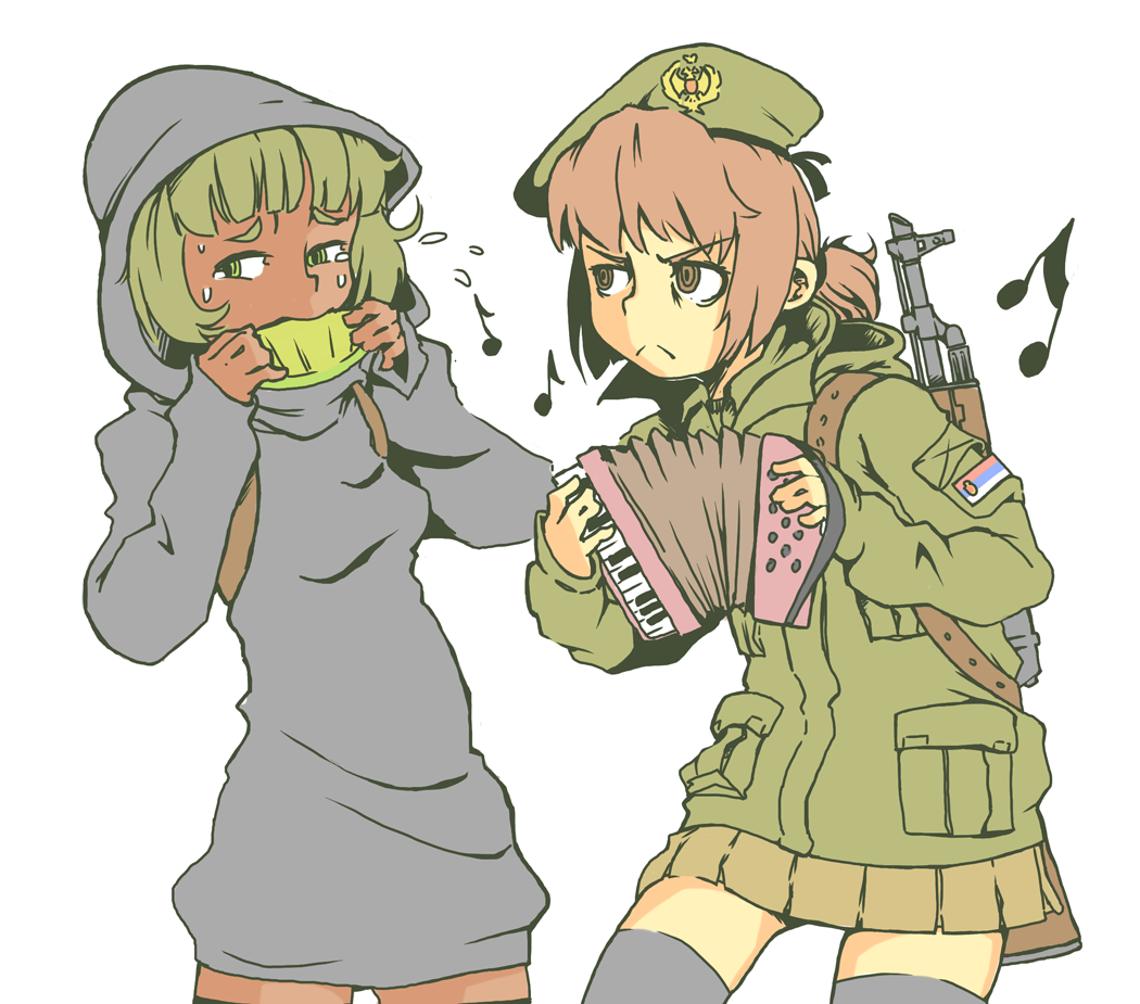 :&lt; accordion ak-47 akm assault_rifle beamed_eighth_notes beret christ-chan commentary eighth_note english_commentary flying_sweatdrops food frown fruit gun harmonica hat instrument isis-chan isis_(terrorist_group) jarv md5_mismatch melon meme military military_uniform multiple_girls music musical_note parody playing_instrument rifle serbia serbia_strong serbian_flag squeezebox standing sweatdrop tears thighhighs uniform weapon zettai_ryouiki
