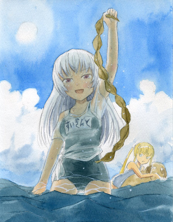 blonde_hair blue_eyes blush cloud day dog kanokoga long_hair looking_at_another multiple_girls ocean one-piece_swimsuit open_mouth red_eyes rozen_maiden school_swimsuit shinku siblings silver_hair sisters sky smile suigintou sun swimsuit traditional_media twintails watercolor_(medium)