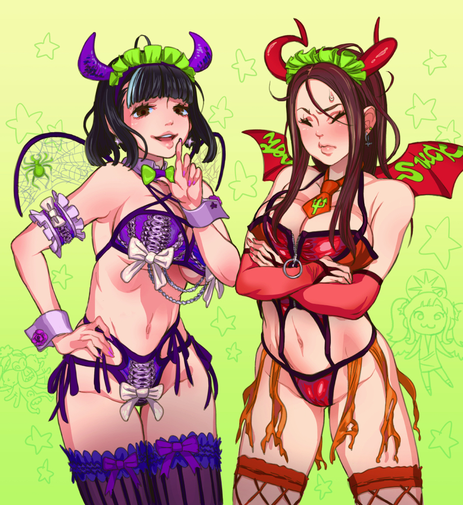 arm_garter bangs bikini black_hair blunt_bangs blush breasts brown_hair cleavage closed_eyes demon_horns demon_wings earrings fishnet_legwear fishnets groin halloween horns hoshi_kubi jewelry large_breasts long_hair looking_at_viewer maid_headdress multiple_girls nail_polish navel original purple_legwear purple_nails red_nails smile star star_earrings sweatdrop swimsuit thighhighs underboob wings wrist_cuffs