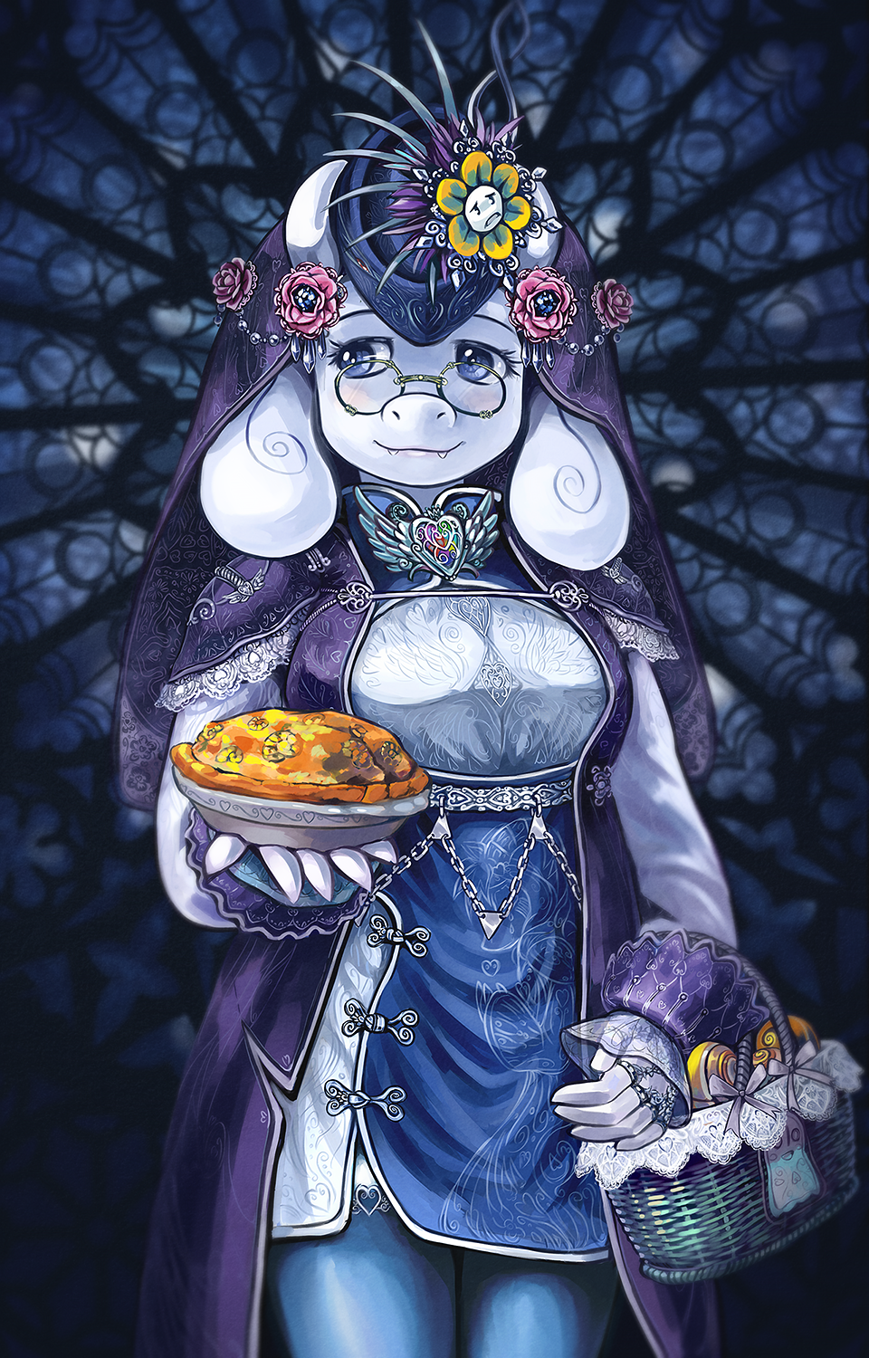 adapted_costume animal_ears basket blue_eyes embellished_costume fangs flower flowey_(undertale) food glasses goat_ears goat_girl hat heart highres horns jewelry monster_girl napstablook pie saturnspace shell sleeve_cuffs thighhighs toriel undertale veil when_you_see_it