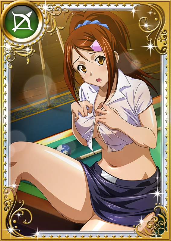 bachou_mouki billiards black_skirt breasts brown_hair card_(medium) collarbone cue_ball cue_stick hair_ornament hair_scrunchie ikkitousen indoors large_breasts looking_at_viewer miniskirt navel open_clothes open_shirt scrunchie shiny shiny_skin shirt sitting skirt solo unbuttoning white_shirt yellow_eyes