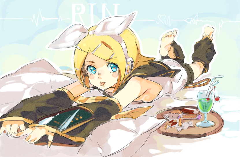 :p barefoot blonde_hair candy cherry drink feet food fruit hair_ornament hair_ribbon hairclip headphones headset heart kagamine_rin lying on_stomach pillow plate raku ribbon short_hair shorts sketch solo tongue tongue_out vocaloid