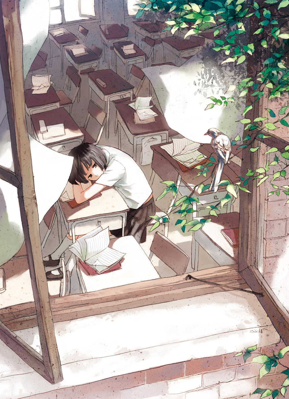 bird bob_cut brown_eyes brown_hair chair classroom desk from_outside highres looking_out_window mary_janes original school_uniform selina shoes short_hair skirt socks solo wind window
