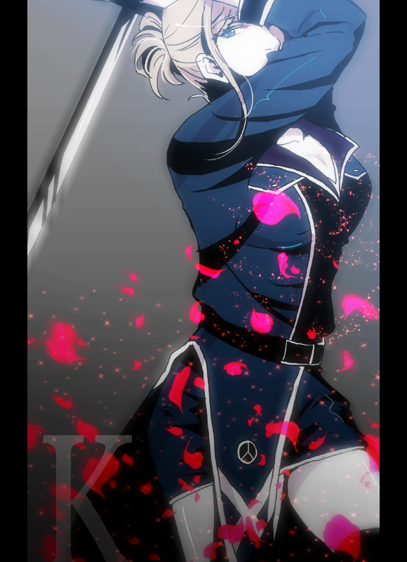 awashima_seri bad_id bad_pixiv_id blonde_hair blue_eyes cowboy_shot gradient gradient_background k_(anime) looking_at_viewer makoto_(2069711) petals solo sword uniform weapon