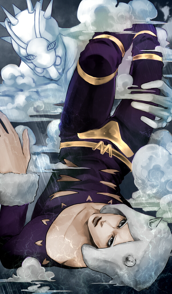 bad_id bad_pixiv_id cloud collarbone grey_eyes grey_hair horns jojo_no_kimyou_na_bouken looking_at_viewer male_focus rain stand_(jojo) stone_ocean upside-down weather_report weather_report_(stand) ygg