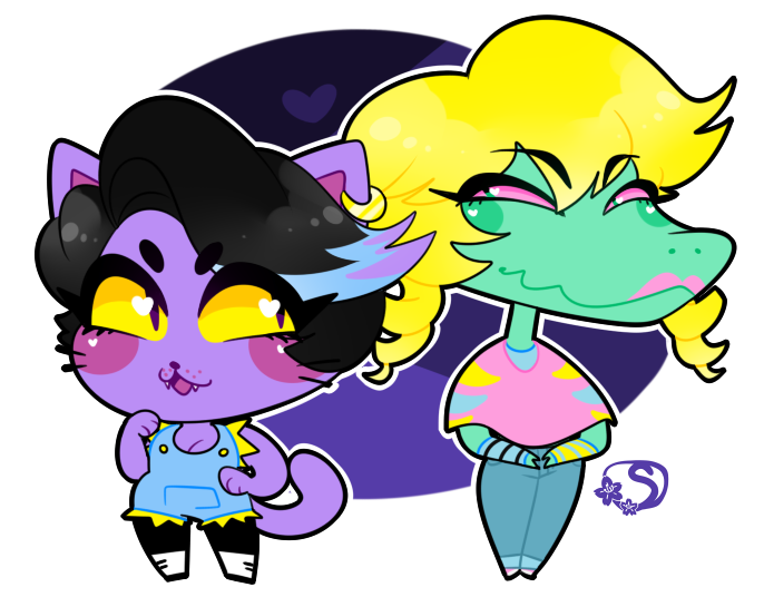 &lt;3 alligator blonde_hair bratty_(undertale) breasts brown_hair cat catty_(undertale) chibi cleavage clothed clothing cute duo feline female hair lipstick mammal open_mouth reptile sakuradraws scalie smile