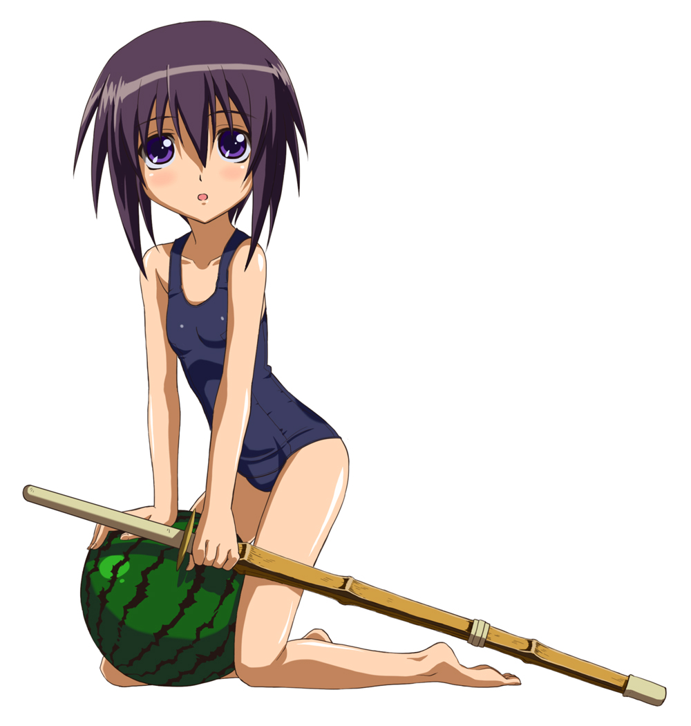arm_support bamboo_blade bare_shoulders breasts collarbone food fruit full_body kawazoe_tamaki kneeling looking_at_viewer one-piece_swimsuit open_mouth purple_eyes purple_hair school_swimsuit shinai short_hair simple_background small_breasts solo swimsuit sword watermelon weapon white_background winbee_(selkie)