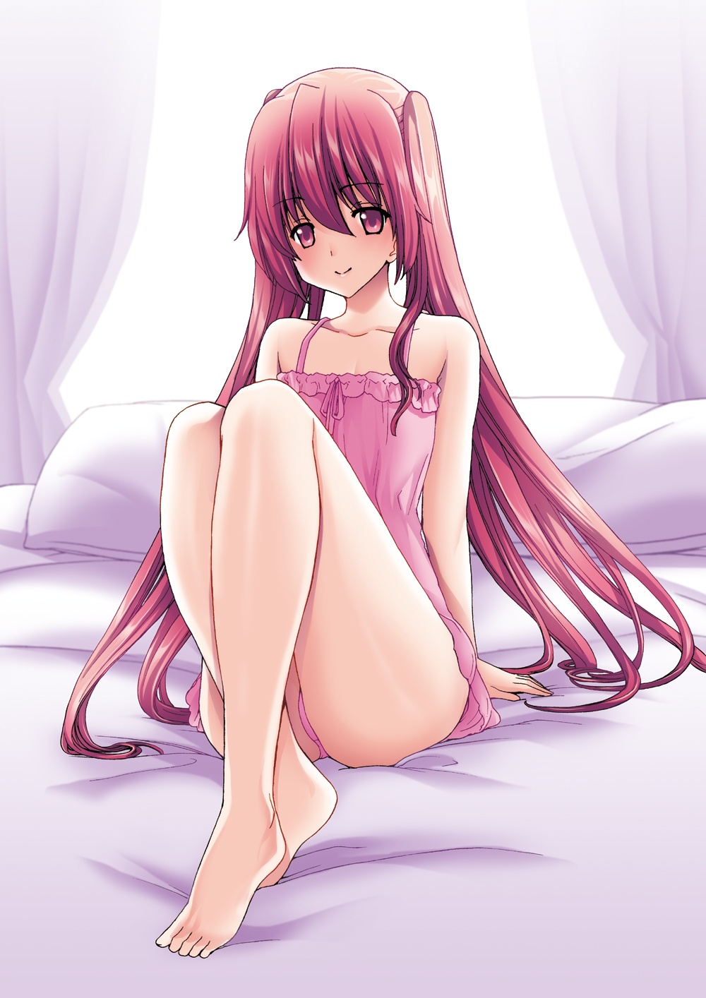 bare_legs barefoot highres hori_hiroaki legs long_hair nightgown on_bed original panties pillow red_eyes red_hair sitting smile solo twintails underwear very_long_hair