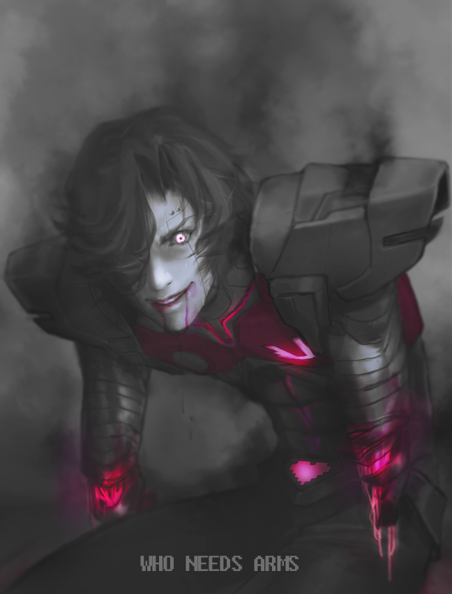 adapted_costume android armor bandaged_arm bandages belt black_hair blood blood_from_mouth boysquad damaged english glowing glowing_eye grey_skin hair_over_one_eye looking_at_viewer male_focus mettaton_ex pauldrons purple_eyes realistic robot_joints smoke solo spot_color undertale