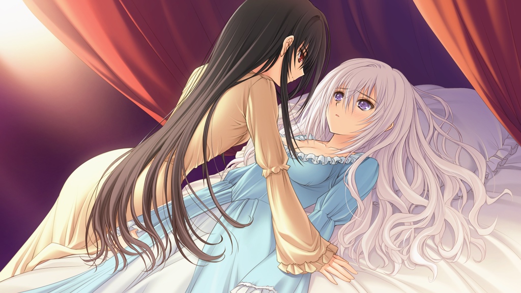 1girl bed black_hair blue_dress breasts brown_dress cleavage dress eye_contact eyebrows eyebrows_visible_through_hair hair_between_eyes indoors kisakinomiya_chihaya long_hair looking_at_another lying medium_breasts nanahara_kaoruko norita on_back otome_wa_boku_ni_koishiteru otome_wa_boku_ni_koishiteru_futari_no_elder pillow purple_eyes red_eyes silver_hair