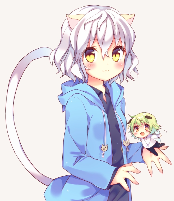 1other :3 androgynous animal_ears bell bell_collar blush cat_ears cat_tail chibi claws collar green_hair hood hoodie hunter_x_hunter looking_at_viewer male_focus miniboy neferpitou poooka shaiapouf silver_hair tail wavy_hair yellow_eyes