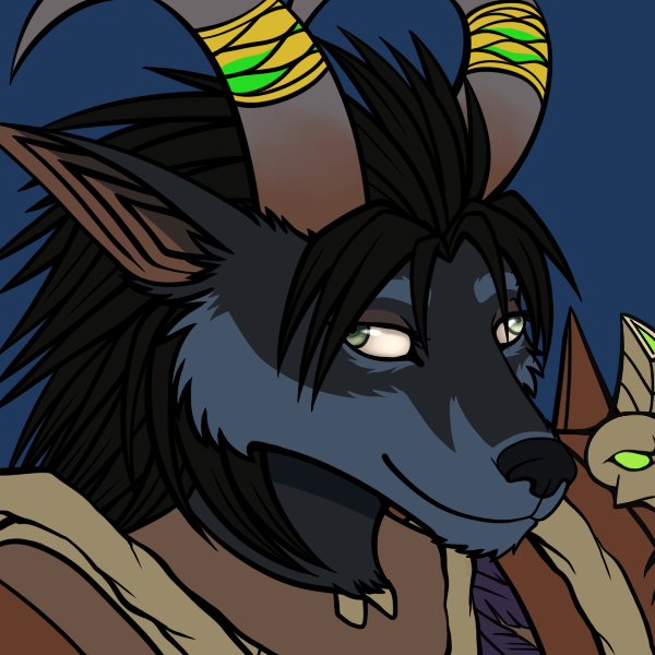 2015 anthro armor black_fur black_hair canine feathers fur green_eyes hair horn mammal paralee_(character) ratte simple_background skull smile solo video_games wall_eyed warcraft were werewolf worgen world_of_warcraft