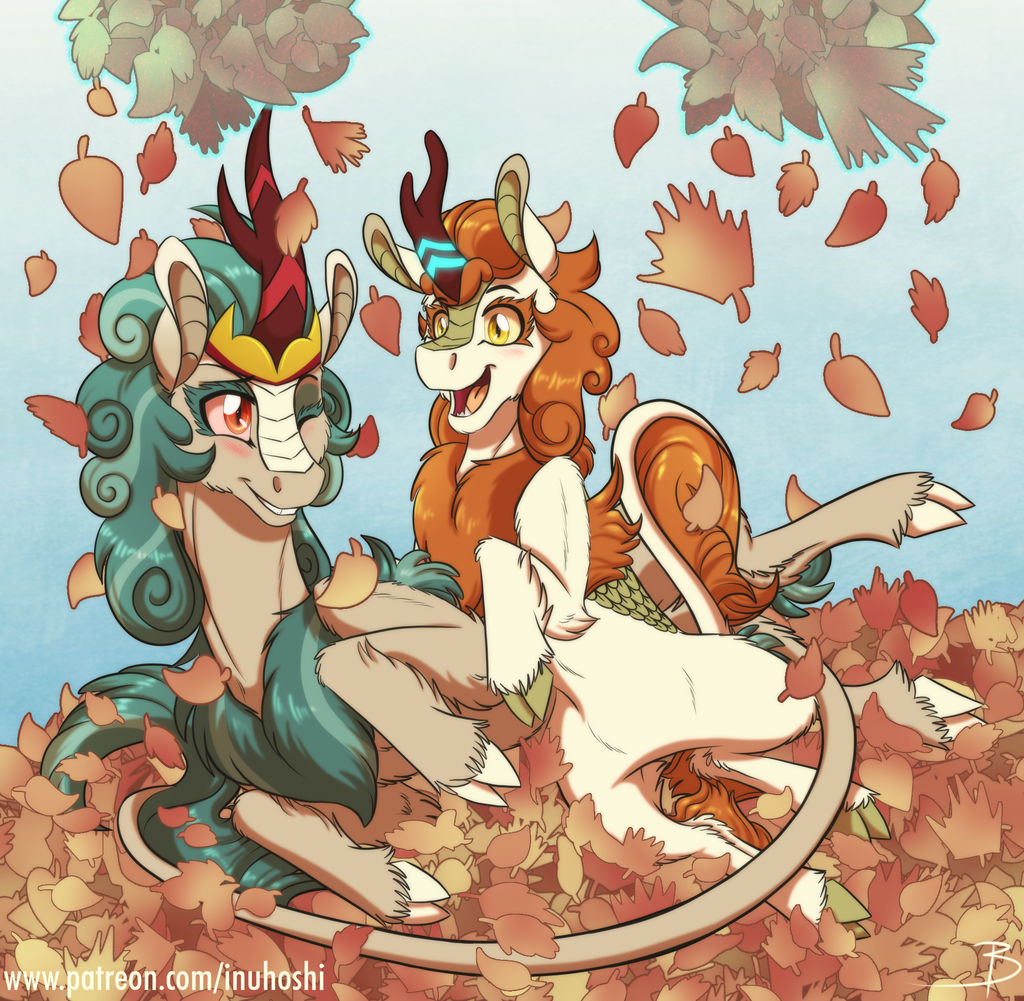 2018 amber_eyes autumn autumn_blaze_(mlp) blue_hair blue_mane blush brown_fur cloven_hooves crown digital_media_(artwork) duo facial_scales fangs female feral friendship_is_magic fur glowing hair hooves horn inuhoshi-to-darkpen kirin leaves lying mostly_nude my_little_pony nude one_eye_closed open_mouth open_smile orange_hair orange_mane outside plant quadruped queen_rain_shine_(mlp) red_eyes scales signature smile tail_tuft tan_fur teeth text tongue tuft url white_fur