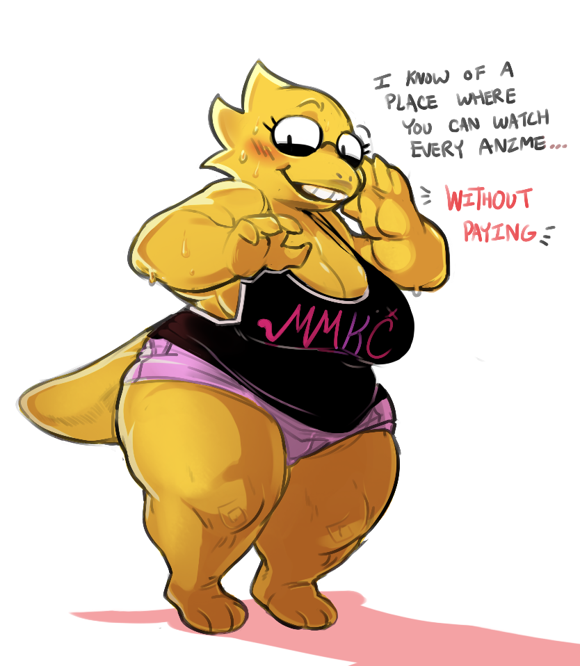 alphys big_breasts blush breasts chubby cleavage clothed clothing dialogue eyewear female glasses looking_at_viewer mangneto monster overweight scalie shirt simple_background solo text undertale underwear video_games white_background wide_hips
