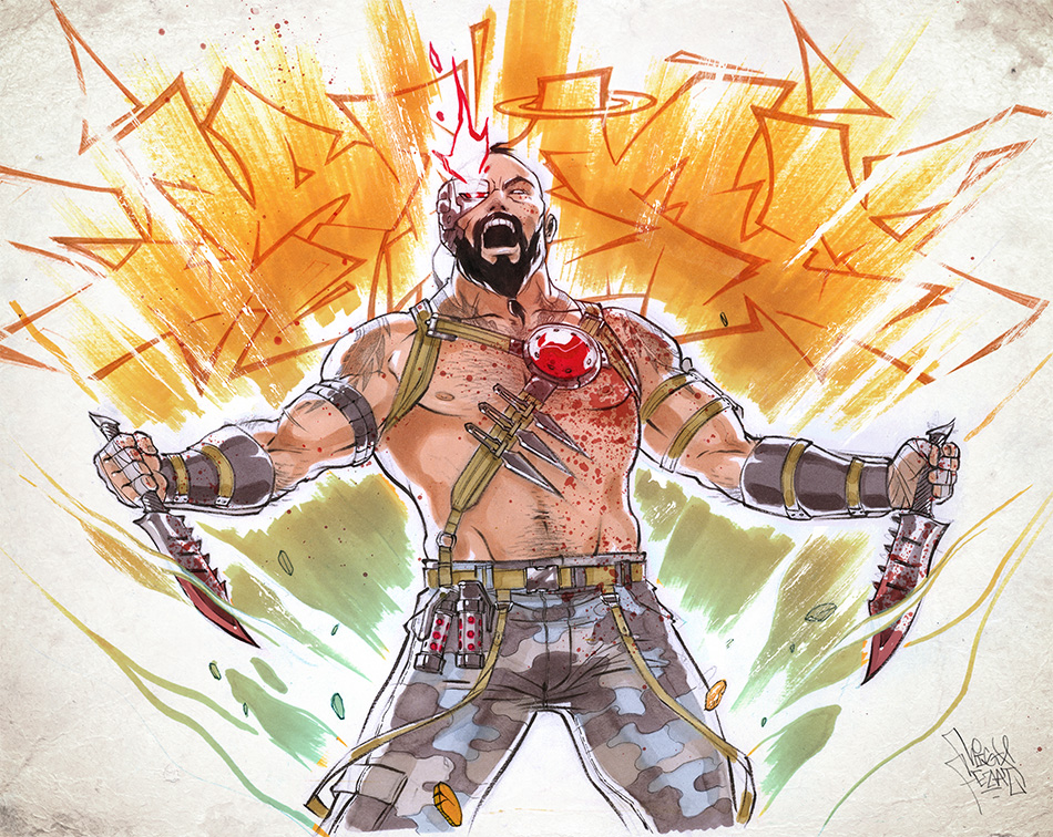 :o abs arm_hair arm_strap aura bald bandages beard belt black_hair blood bloody_weapon body_hair camouflage chest_hair cowboy_shot cybernetic_eye dagger dual_wielding eyepatch facial_hair fezat glowing glowing_eye gradient graffiti hair_tie harness holding holding_weapon kano_(mortal_kombat) kunai legs_apart male_focus marker_(medium) mortal_kombat mortal_kombat_x muscle navel navel_hair nipples open_mouth outstretched_arms pants shirtless signature solo spread_arms standing suspenders suspenders_pull tattoo traditional_media weapon