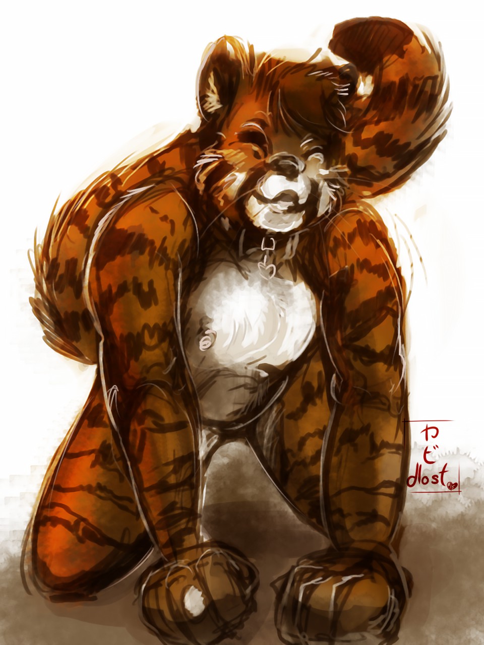 bit555 bitty collar dlost dlostarts feline kneeling male mammal nipple_piercing nipples pet piercing slave smile tiger