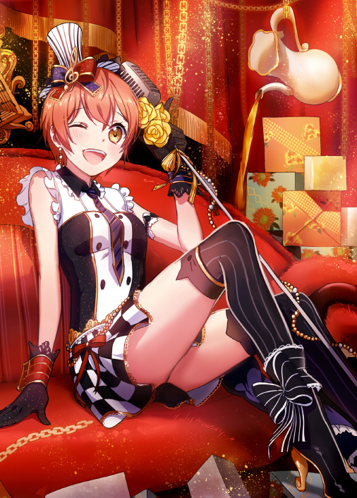 ;d animal_print bad_id bad_pixiv_id beads black_footwear black_gloves blush bow box buttons cafe_maid cat_print chain checkered checkered_skirt couch curtains drink earrings flower frills gift gift_box gloves hat holding holding_microphone hoshizora_rin indoors jewelry lace lace-trimmed_gloves leclle love_live! love_live!_school_idol_festival love_live!_school_idol_project microphone microphone_stand mini_hat mini_top_hat miniskirt multicolored_bow necktie one_eye_closed open_mouth orange_hair over-kneehighs red_bow revision ribbon rose shoes short_hair sitting skirt sleeveless smile solo striped striped_hat striped_legwear striped_neckwear thighhighs top_hat treble_clef vertical-striped_legwear vertical_stripes wrist_cuffs yellow_bow yellow_eyes yellow_flower yellow_ribbon yellow_rose