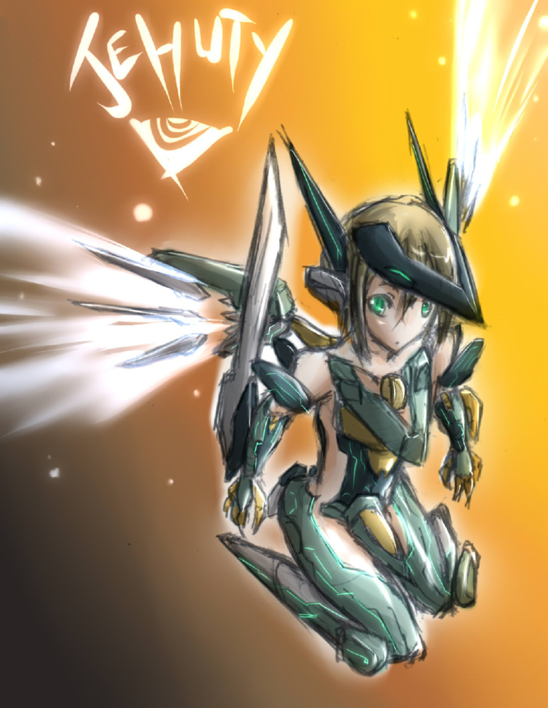 1girl armor blade brown_hair cockpit gloves green_eyes jehuty mecha_musume short_hair sketch solo wings zone_of_the_enders zone_of_the_enders_2