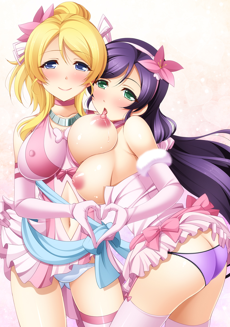 ass ayase_eli bare_shoulders blonde_hair blue_eyes blush breasts breasts_outside choker collarbone covered_nipples dress dress_lift dress_pull elbow_gloves flower gloves green_eyes hair_flower hair_ornament hairband hand_on_another's_ass heart heart_hands heart_hands_duo inverted_nipples large_breasts licking long_hair looking_at_viewer love_live! love_live!_school_idol_project multiple_girls narutaki_shin nipple_licking nipples no_bra open_mouth panties pink_dress pink_gloves pink_scrunchie purple_hair purple_panties sash scrunchie single_thighhigh smile striped striped_legwear sweat take_your_pick thighhighs tongue tongue_out topless toujou_nozomi underwear very_long_hair white_panties yuri