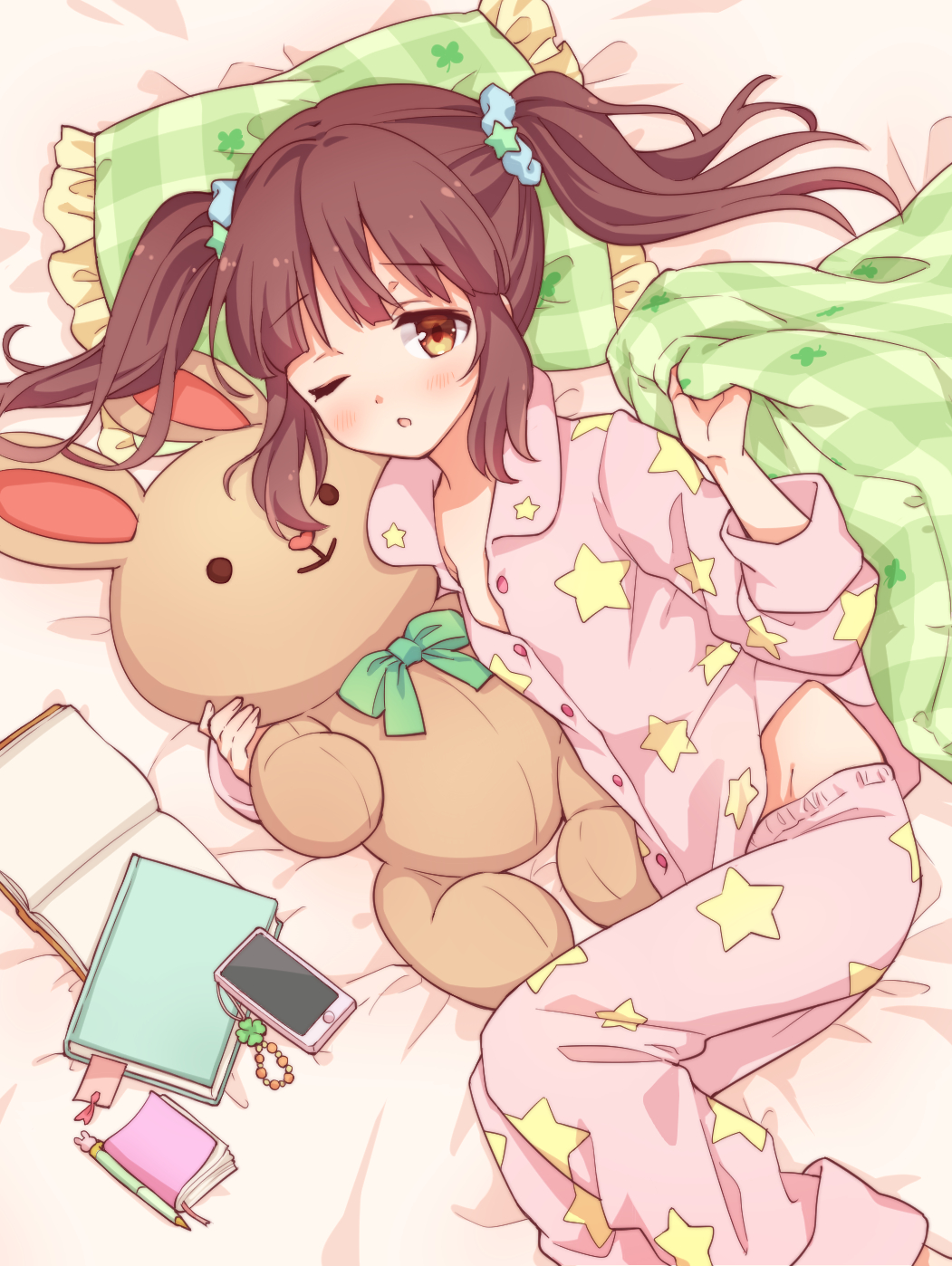 bed blush book brown_eyes brown_hair cellphone commentary_request hair_ornament hair_scrunchie highres idolmaster idolmaster_cinderella_girls long_hair looking_at_viewer lying multicolored multicolored_clothes multicolored_pajamas notebook ogata_chieri on_side one_eye_closed open_mouth pajamas pen phone pillow print_pajamas ribbon scrunchie solo star star_print stuffed_animal stuffed_bunny stuffed_toy twintails yutsumoe